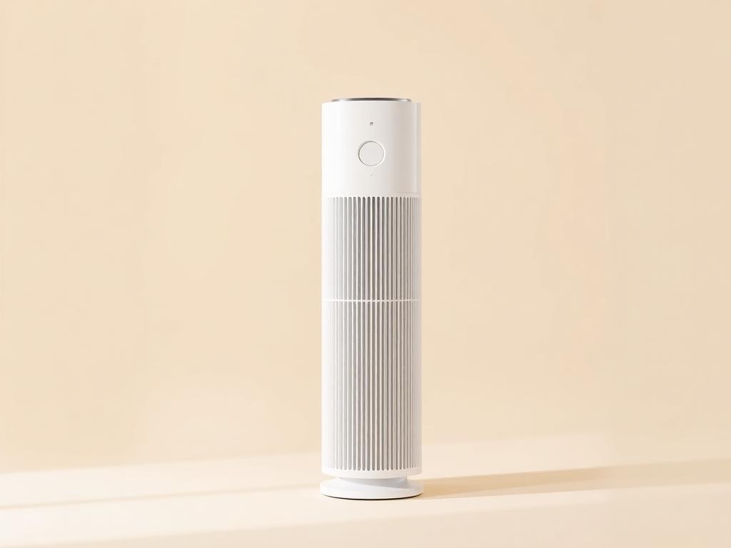 Modern white tower air purifier on a neutral background