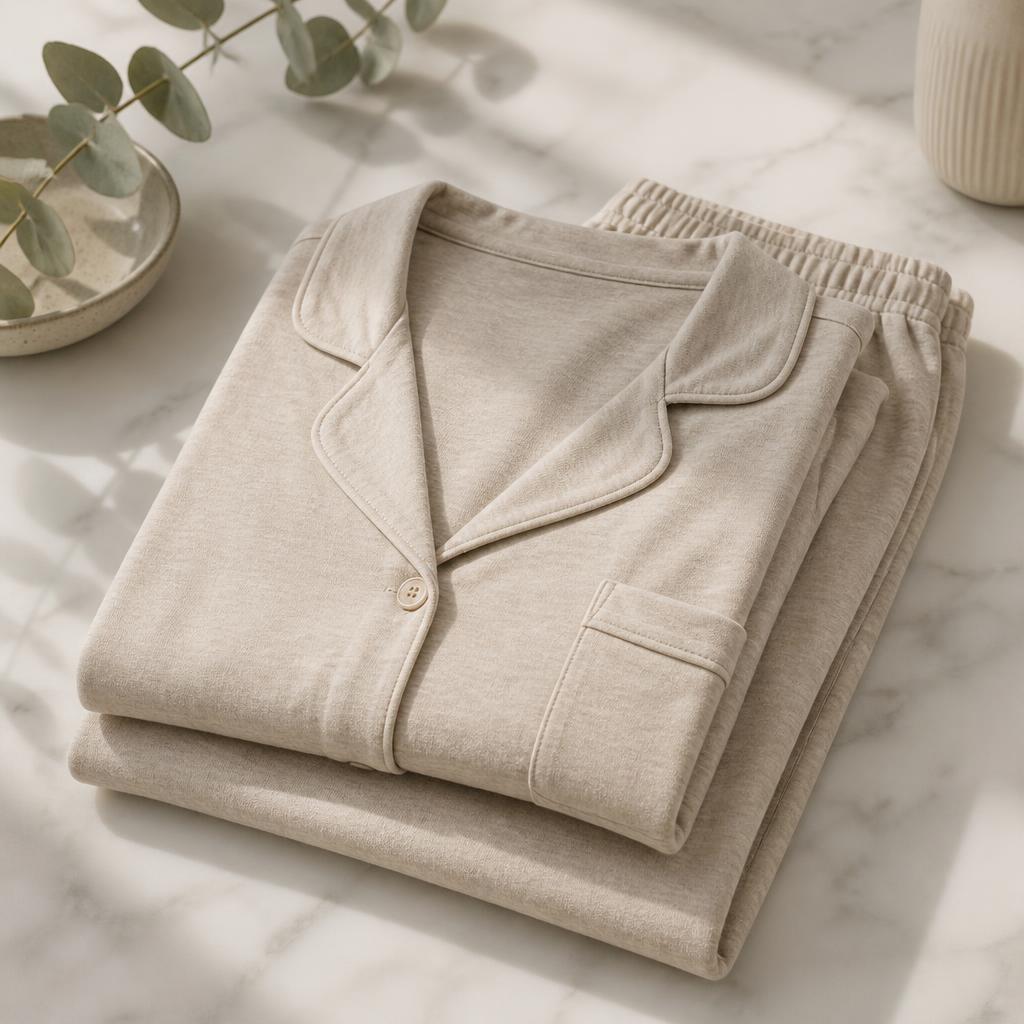 Folded oatmeal-colored soft pajama set on a marble surface