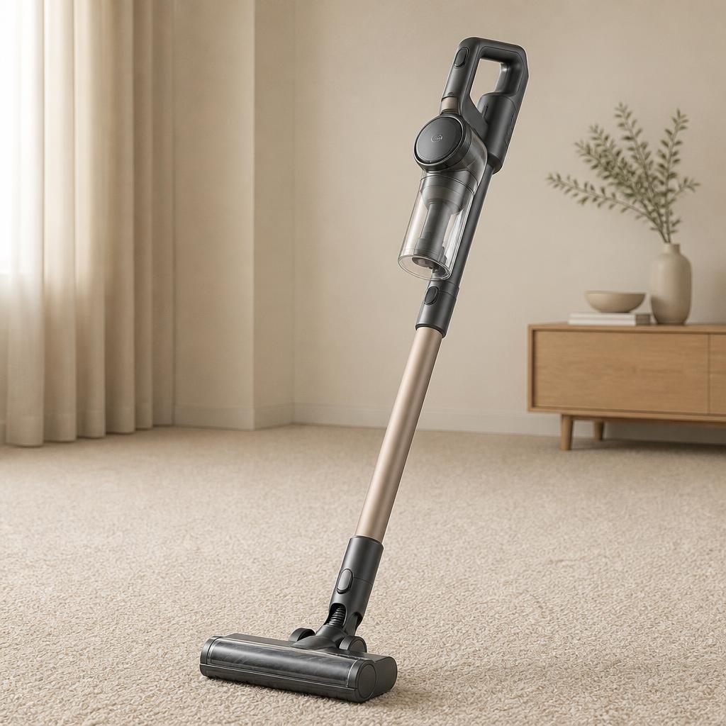 Full cordless stick vacuum with HEPA filtration on a neutral background