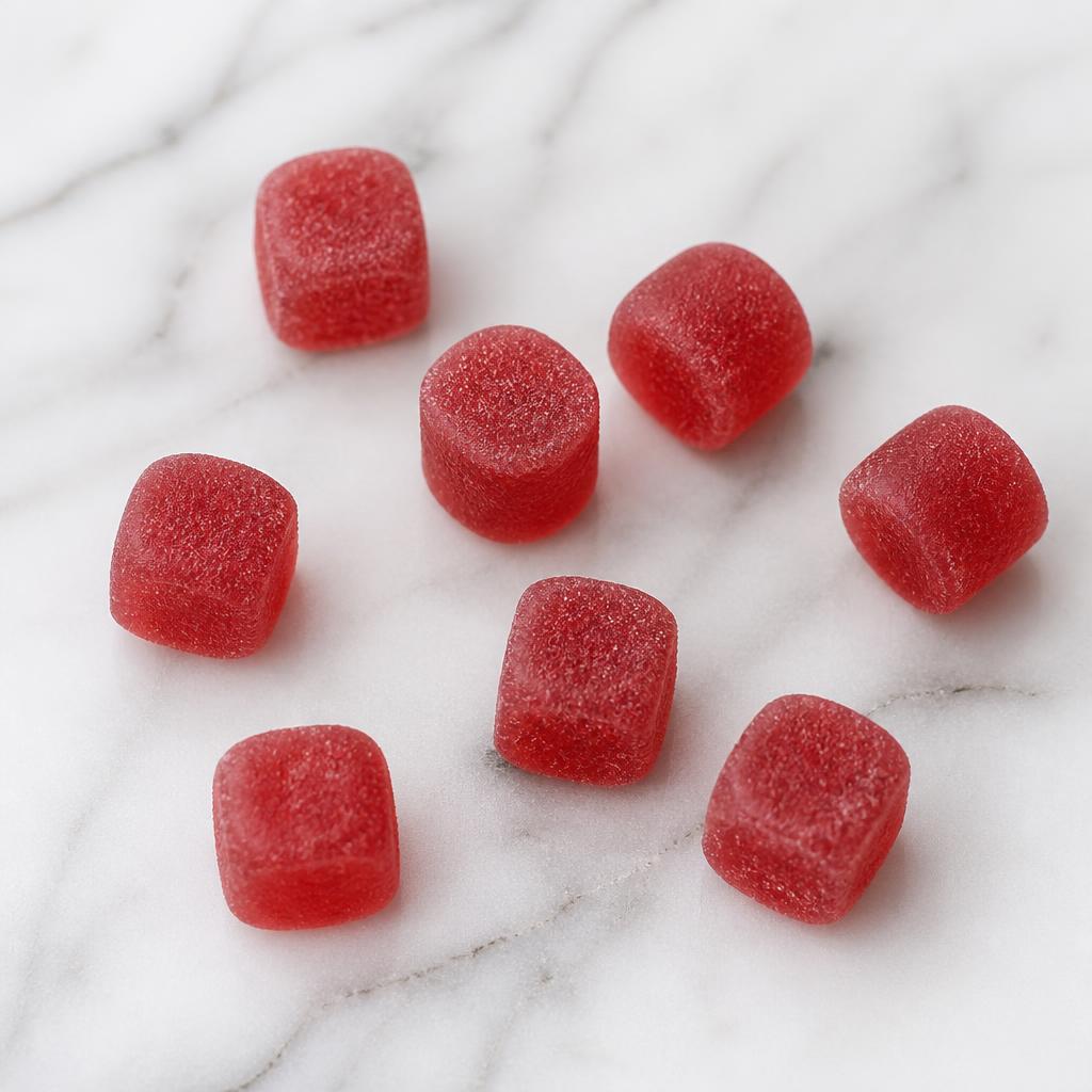 Red magnesium gummies scattered on a white marble surface
