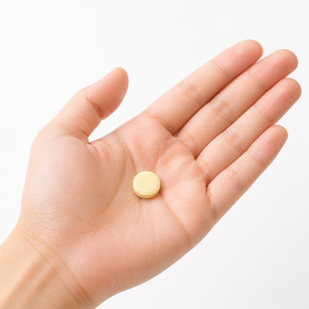 Single round multivitamin tablet resting in an open palm
