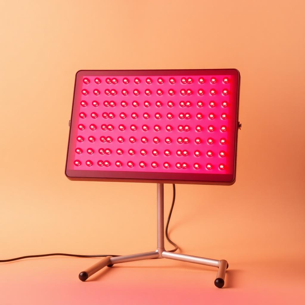 Red light therapy panel on a stand glowing with red light