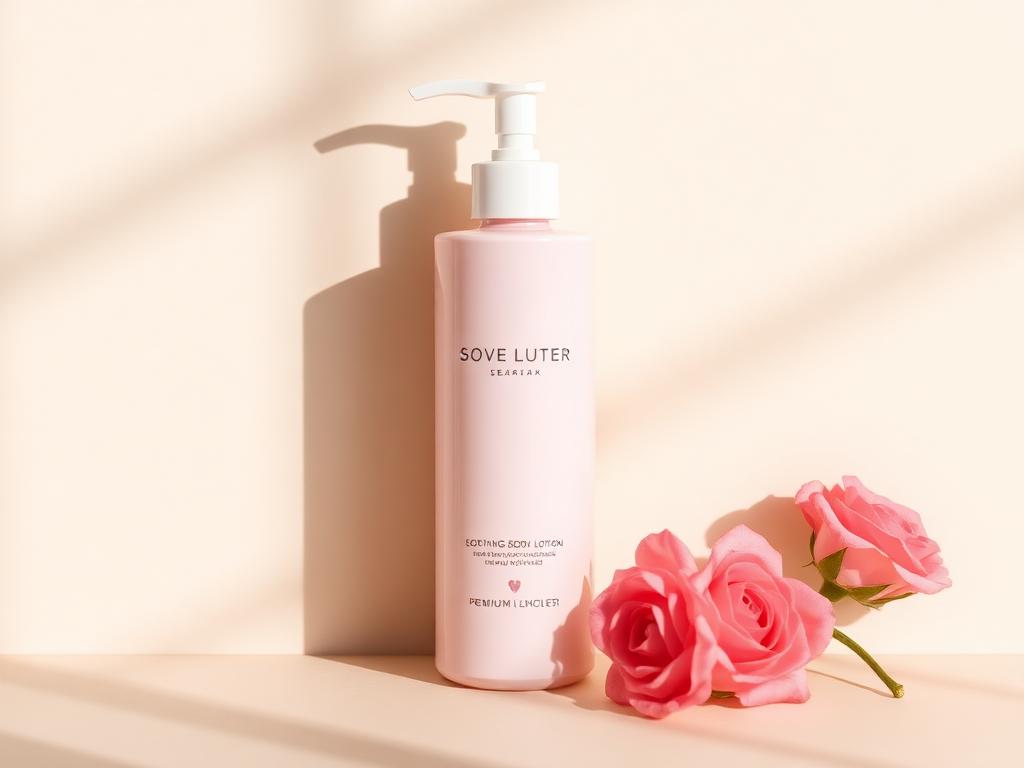 Pink pump bottle of rose soothing body lotion next to fresh roses