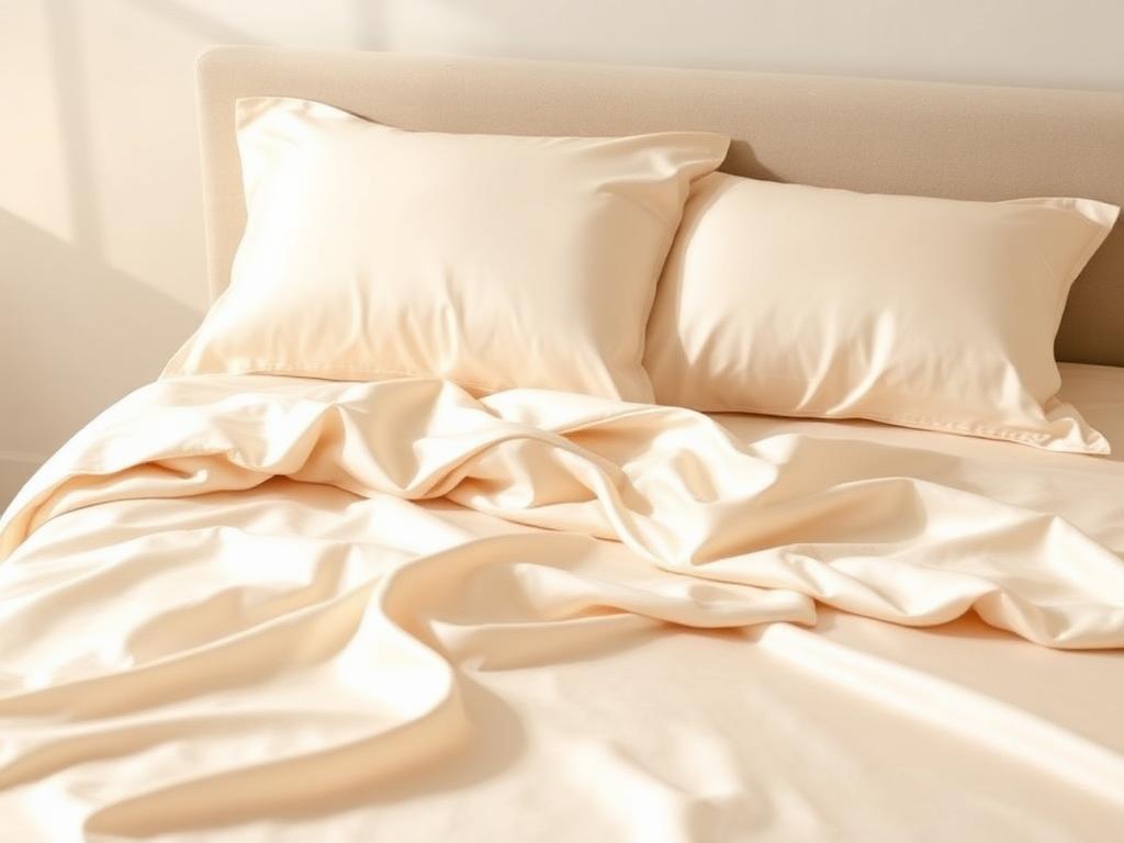 Cream-colored mulberry silk sheets and pillowcases on a bed