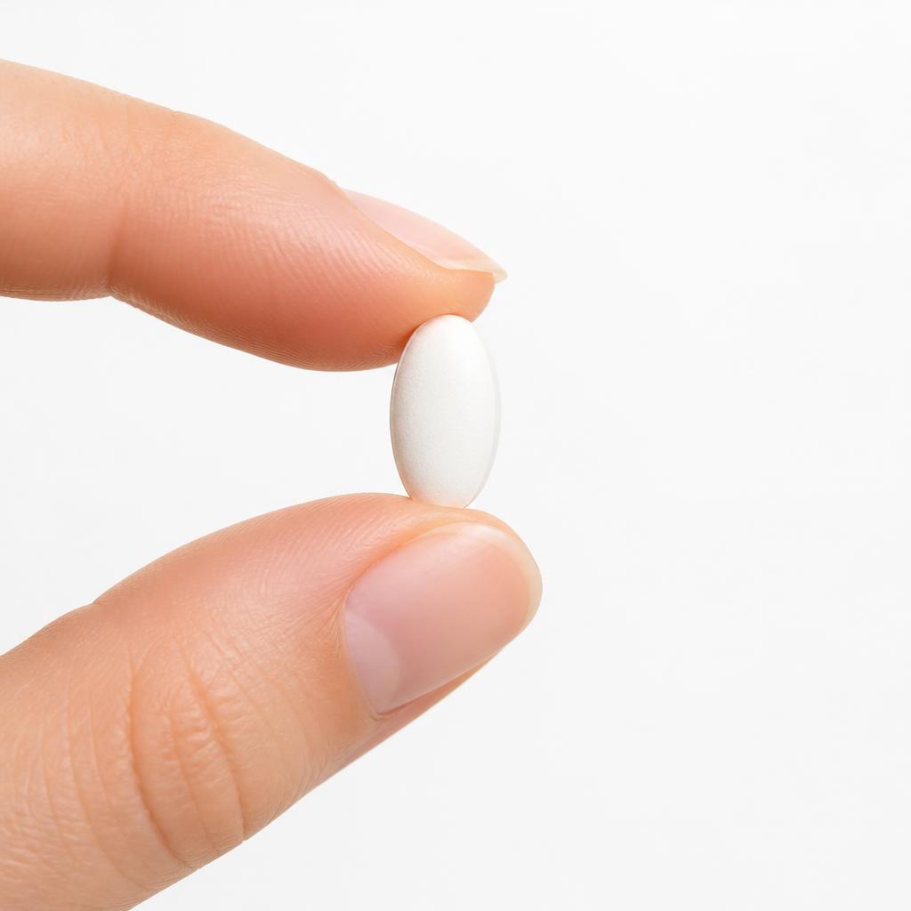 Single white oval antihistamine pill held between two fingers